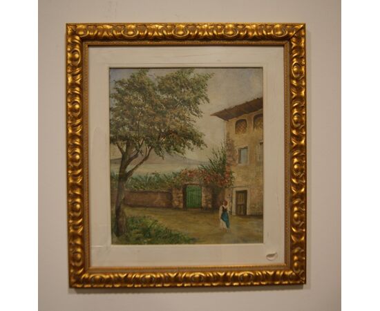 Antique Italian painting from the early 1900s oil on canvas Country landscape     