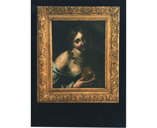 Vanitas, Maddalena penitente , olio su tela entro cornice antica lignea dorata.