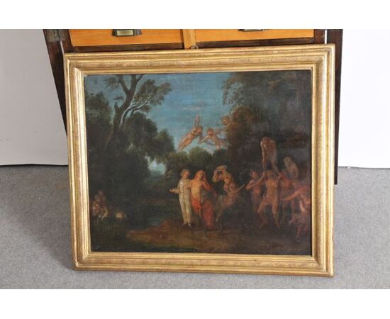 Antique painting France XVIII century gallant scene with Harlequin, coeval frame 87, 50 x 75 cm