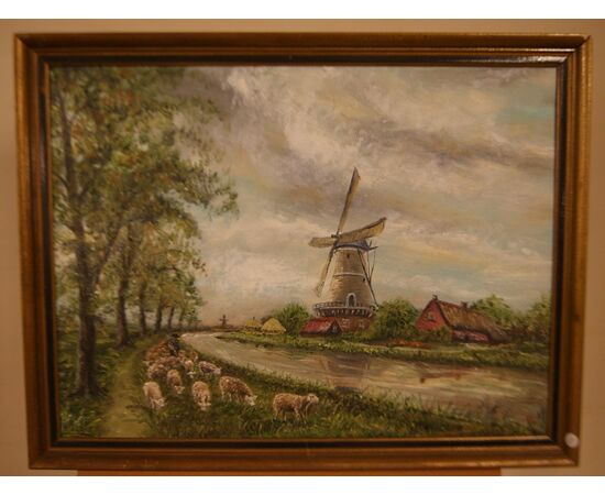 Antique painting signed Valois from 1800 landscape with shepherd flock and mill     