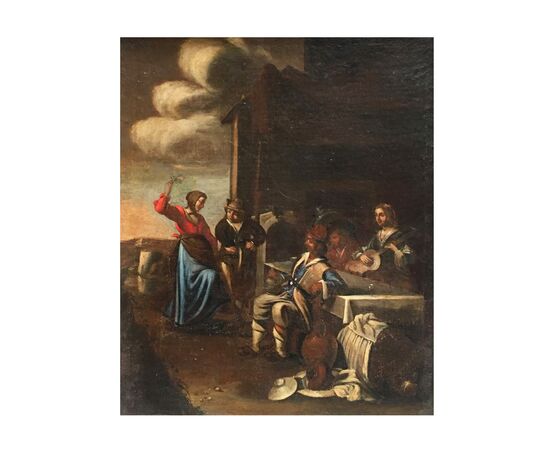 Oil painting on canvas depicting a scene with figures     