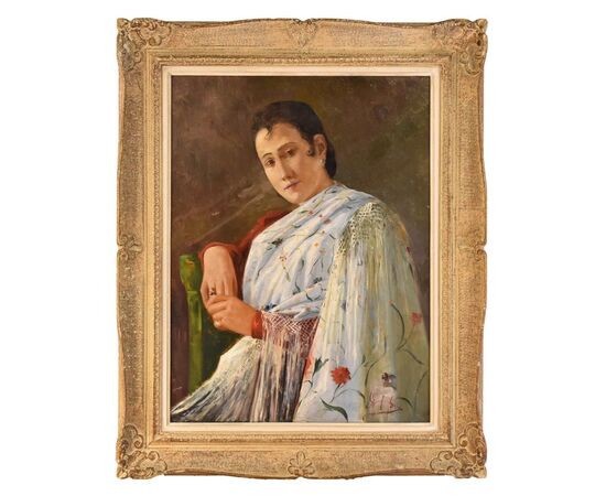 Oil painting on canvas, Spanish woman, early twentieth century. (QR47)