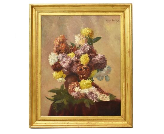 ANCIENT PAINTINGS, VASE WITH PAINTED FLOWERS ON CANVAS, PEONIES, OIL ON CANVAS, XIX CENTURY. (QF158)