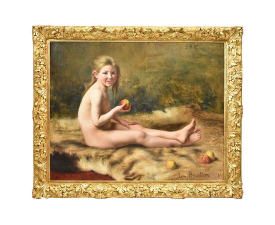ANTIQUE PAINTINGS, PORTRAITS WITH A GIRL AND APPLE, OIL PAINTING ON CANVAS, DELL 800. (QR310)