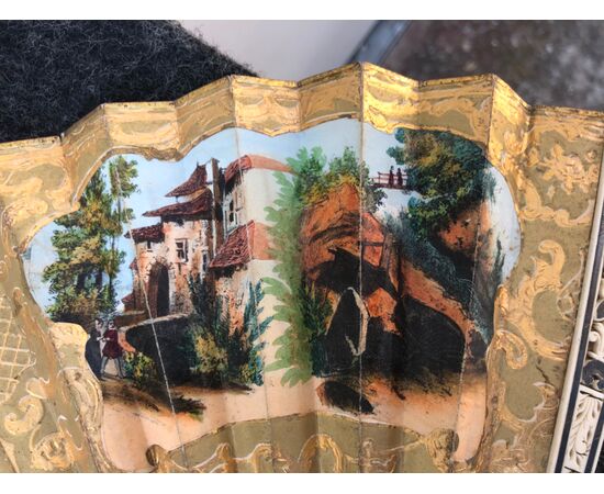 Openwork ivory fan with Pavese paper with watercolor prints with gallant and rustic scenes. France.     