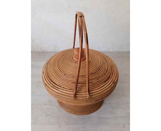 BAMBOO BASKET WITH LID AND HANDLES FROM THE 70s     