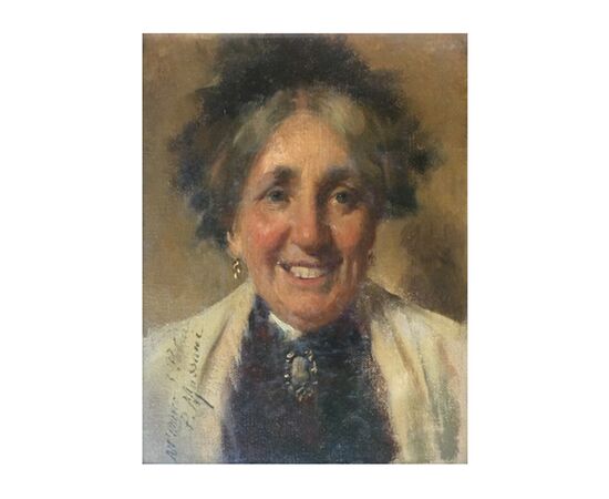 Pompeo Massani (1850 - 1920), Oil painting on canvas depicting the portrait of an elderly lady     