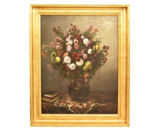 ANCIENT PAINTINGS, VASE OF PAINTED FLOWERS, DALIE AND ASTERS, OIL ON CANVAS, 19th CENTURY. (QF232)