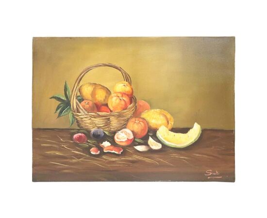 Quadro d'arredo dipinto olio su tela "cesto di frutta" firmato sec '900