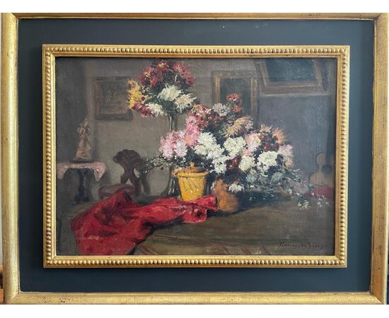 Living room oil painting with biedermaier flowers