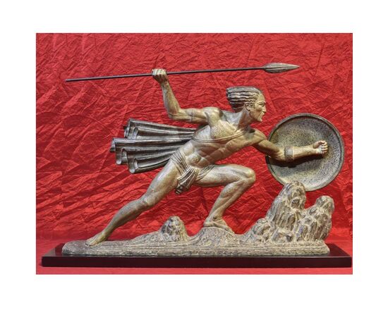 WARRIOR SCULPTURE WITH SHIELD AND LANCE, ANTIMONY ALLOY, 1900s, ART DECO. (STAN17)