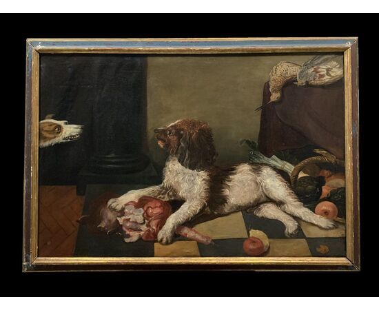 Scuola fiamminga (XVIII secolo) - Grande natura morta con cani