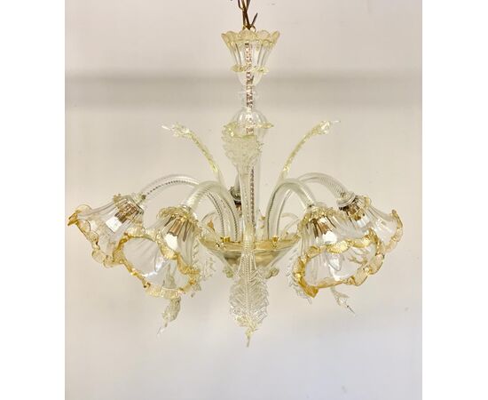 Murano chandelier five lights. Glass and gold 20th century     
