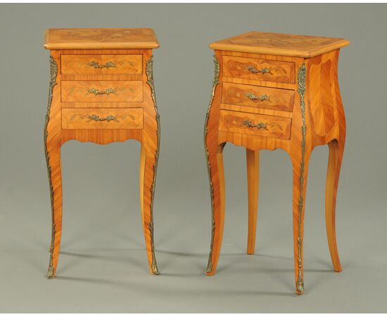 Pair of inlaid nightstands with bronze details, late 19th century     