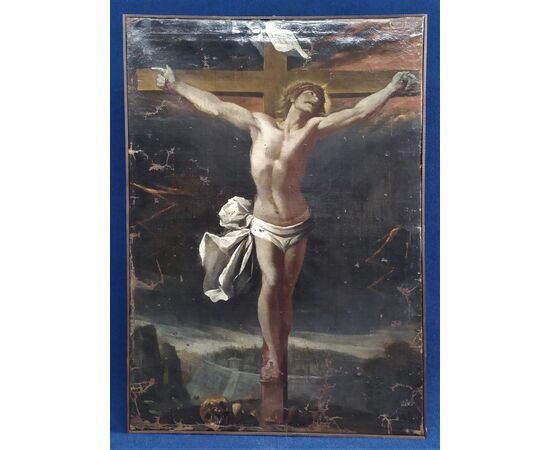 Large oil painting on canvas &quot;Crucifixion&quot; - Genoese School XVII century.     