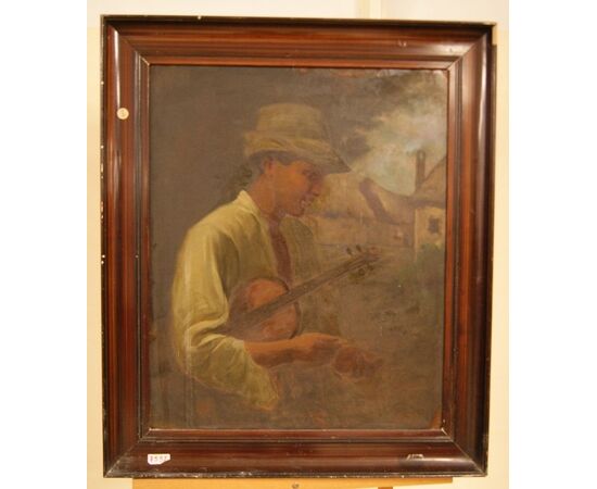 Antique painting from 1900 oil on cardboard &quot;Boy with guitar&quot;     