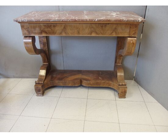 EMPIRE STYLE CONSOLE LASTRONED AND THREADED IN WALNUT FEATHER AGE 800 FRANCE cm L 114xP47xH90     