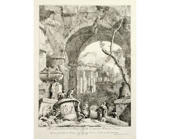 “Rovine classiche con statua equestre e tempio rotondo”
