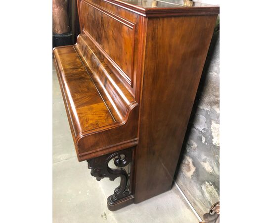 Antique walnut burl wall piano from the mid 19th century     