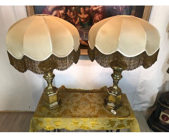 Coppia lampade da tavolo ottone paralumi originali anni '50 vintage