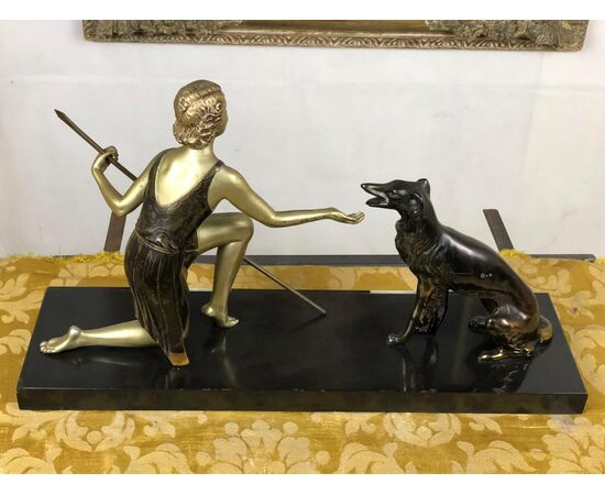 Antique Art Deco sculpture Diana with dog     