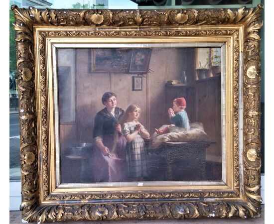 Oil painting on canvas with contemporary Belgian school frame from 1880/90