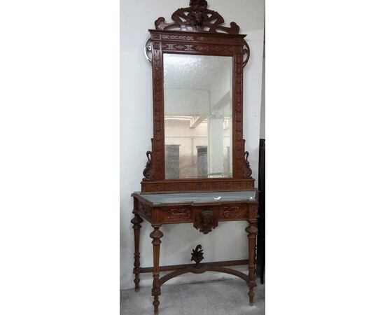Antique console in solid walnut carved from the Umbertina Sicily period