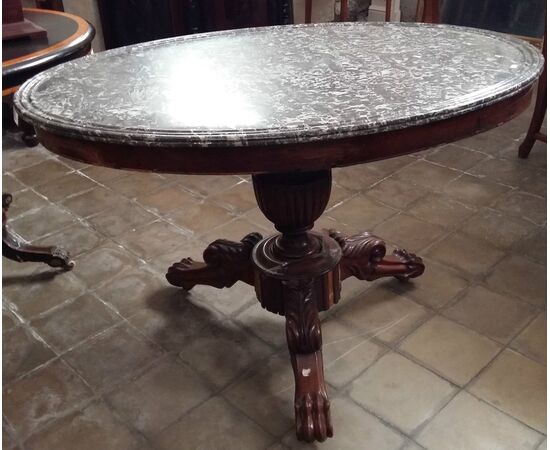 Oval center table in mahogany wood and top in Sant'Anna gray marble _ Take new photos