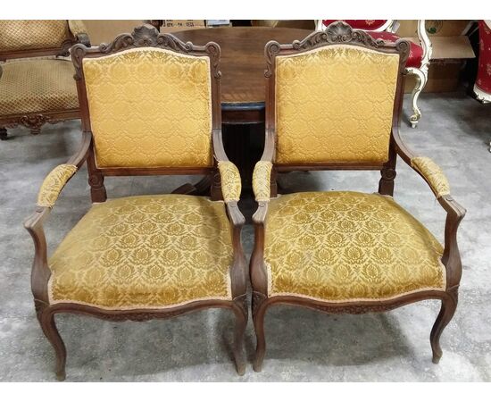 Pair of antique Louis XV style armchairs in walnut, Napoleon III period