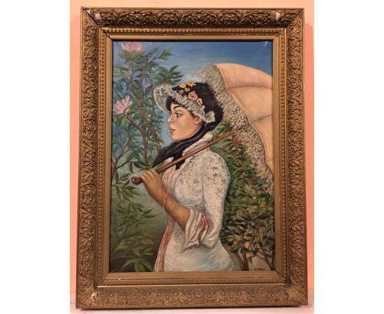 Oil painting on canvas raff. Lady with umbrella