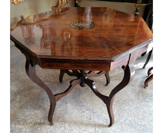 Octagonal coffee table in rosewood with central Victorian inlay