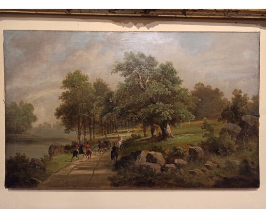 Dipinto olio su tela raffigurante scena di caccia nobiliare inglese 