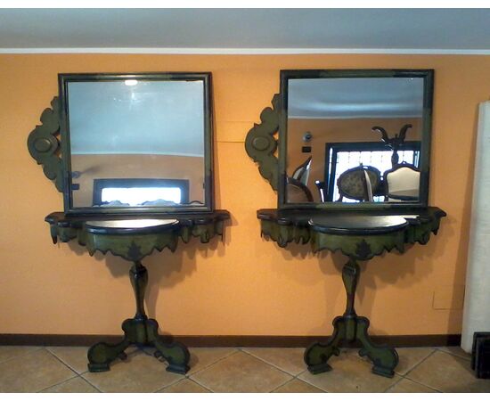 Pair of lacquered consoles with mirrors