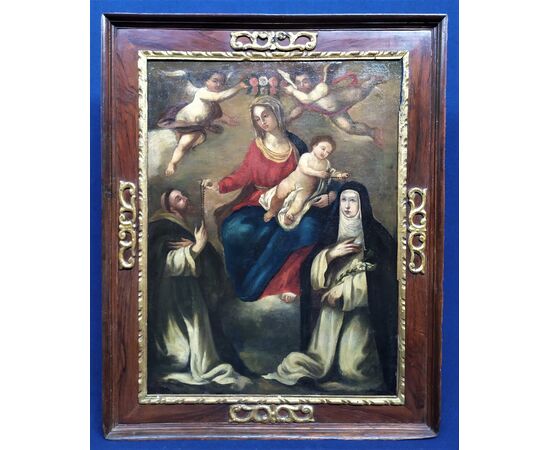 Grande dipinto olio su tela "Madonna del Rosario" - scuola siciliana XVII sec.
