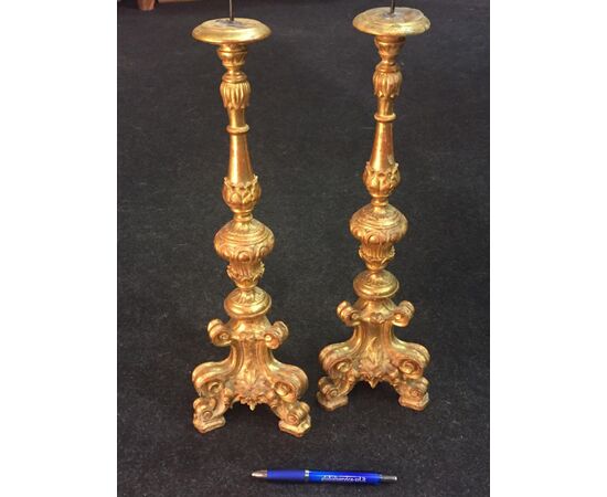 Pair of 18th century Genoese candlesticks gilded with gold leaf     