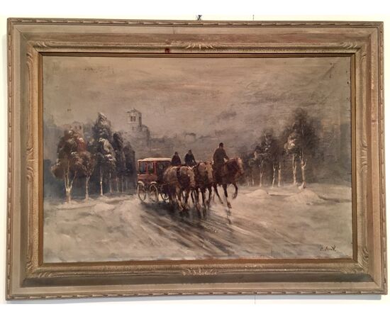 PAINTING &quot;WINTER PARSAGE WITH CARRIAGE&quot; SIGNED D. ARPOTTI (DIMITRI)     