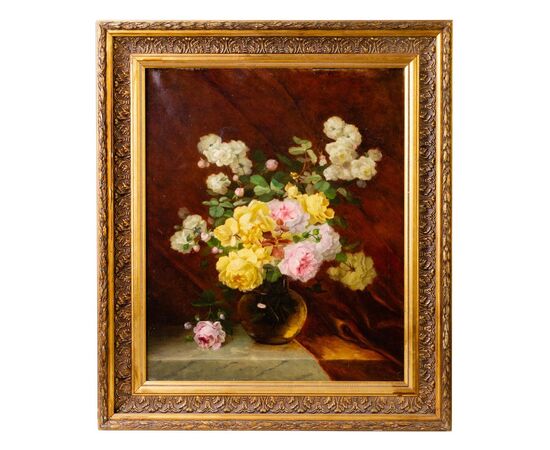 Oil painting on canvas &quot;vase of roses&quot; - O / 8157     