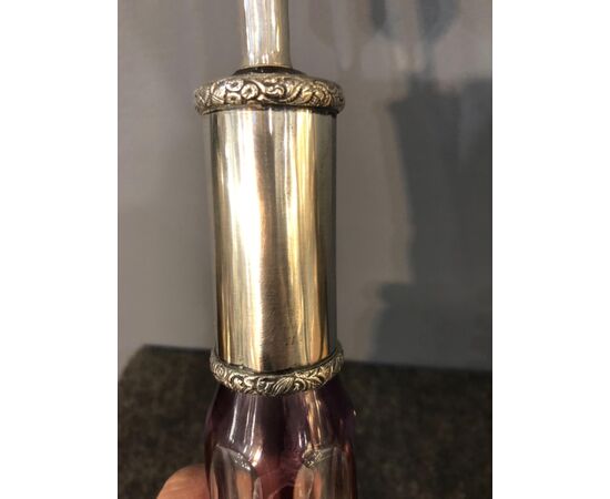 Bohemian engraved bottle with silver neck.     