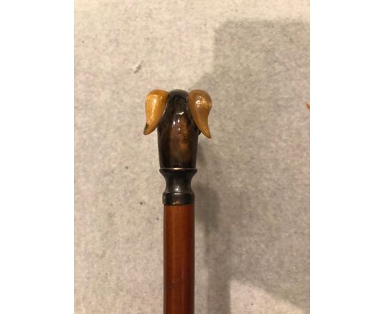 Stick with knob representing a greyhound dog head in horn.     