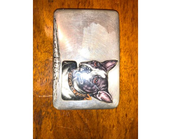 Cigarette box in silver and enamel with French bulldog dog.Italy.     