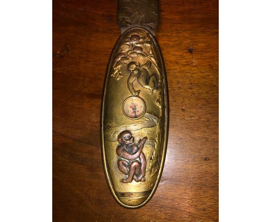 Bronze and copper letter opener with monkeys and compass.Japan.     