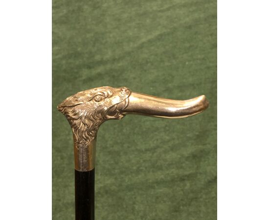 Stick with silver knob depicting ferocious animal head.     