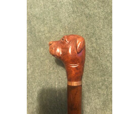 Stick with wooden knob depicting a dog&#39;s head. Barrel in rattan.     
