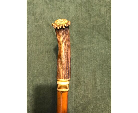 Stick with deer horn knob and rattan cane.     