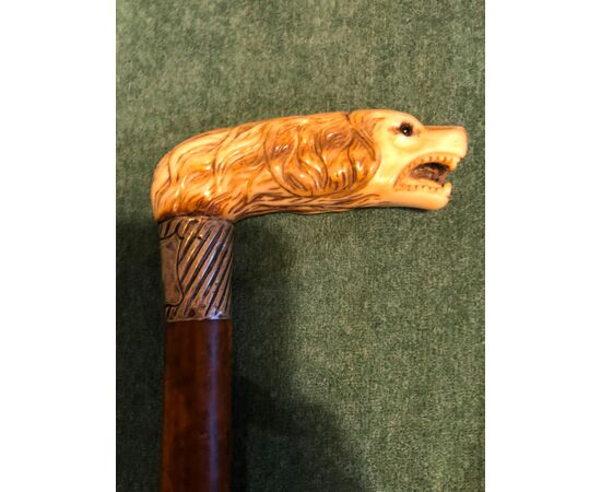 Bastone con impugnatura in corno di cervo raffigurante una testa di cane.