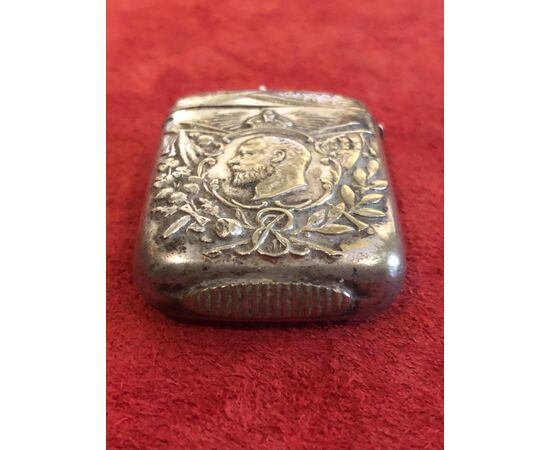 Silver matchbox with profile of King Edward VII and inscription 1901-crowned 1902. England.     