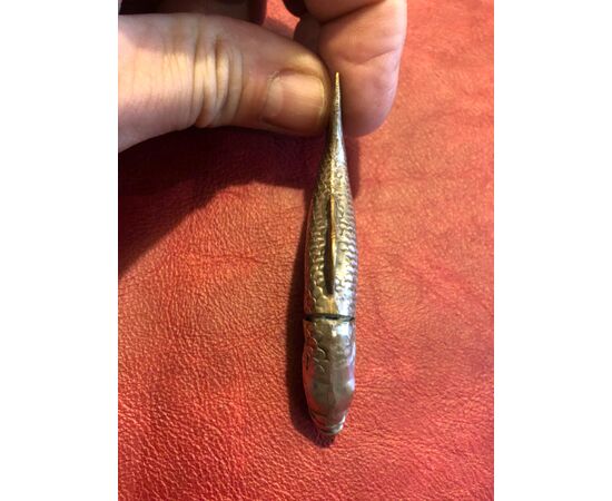 Silver plated brass matchbox in the shape of a fish.     