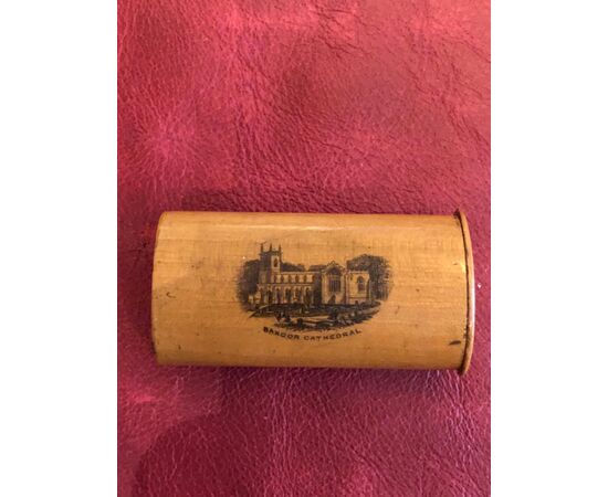 Wooden matchbox with architectural representations. England.     