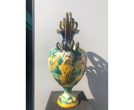 Large majolica vase with historiated decoration.Signed by SCAPesaro.Molaroni manufacture.     