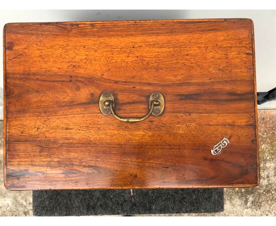 Box - travel dressing table in light mahogany with bronze moldings and silver initials.     